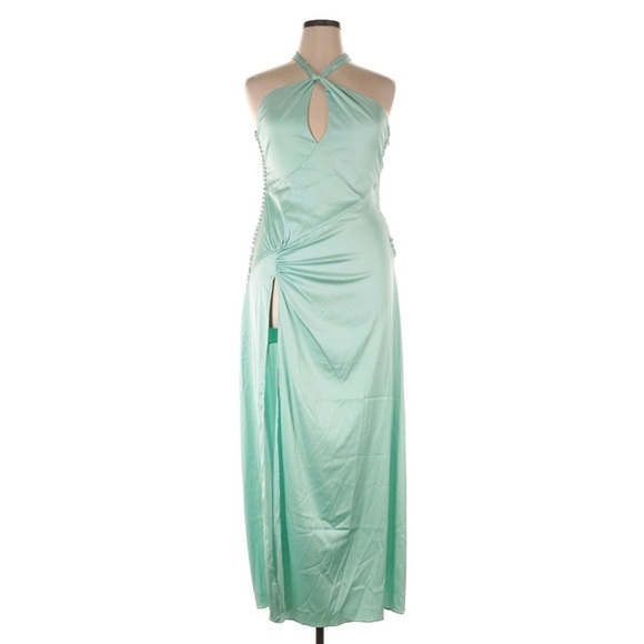 For Love & Lemons Andrina Maxi Dress Blue Turquoise Long Silky Satin XL Halter - Picture 3 of 7
